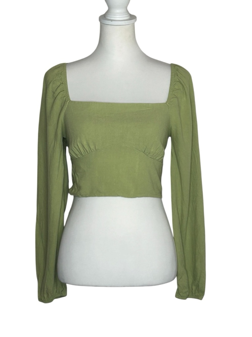 La Hearts Olive Green Square Neck Long Sleeve Linen Blend Crop Top Sz M Boho